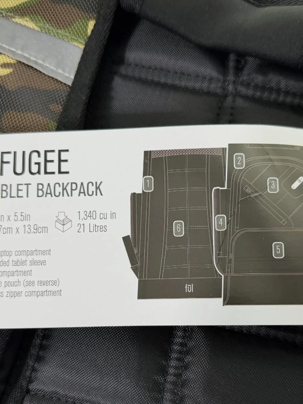 FŪL Refugee backpack woodland camouflage pattern 19.5 x 12.5 x 5.5  NWT